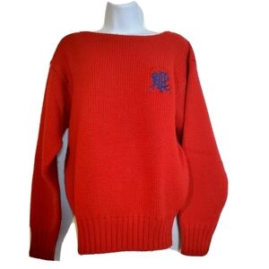 Ralph Lauren Vintage Y2k Red Wool Sweater  Blue Polo Crest Womens Medium